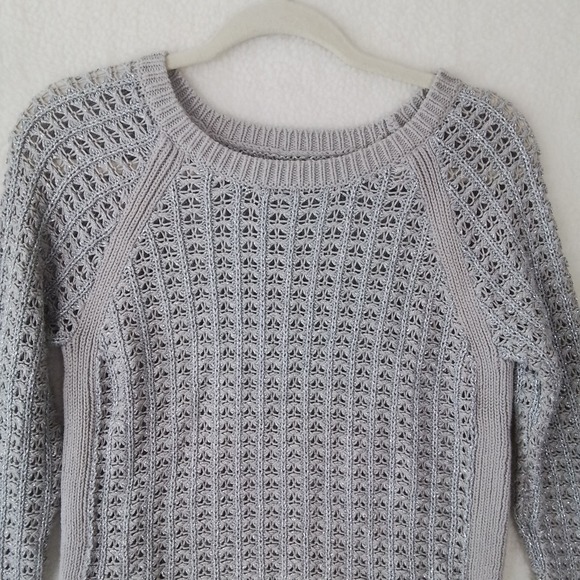 Loft Open Knit Sweater Size Small in Beige w/ Metallic Silver Threads - Picture 3 of 11